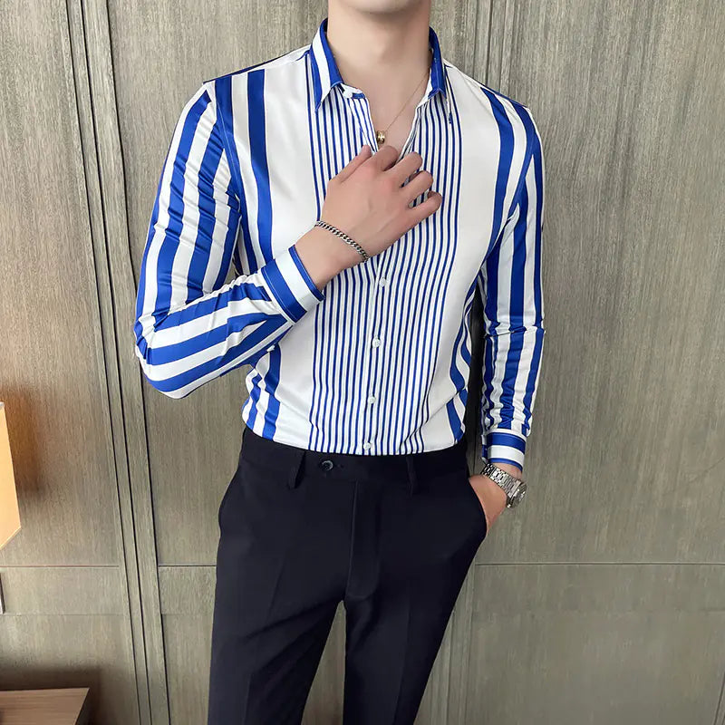 Striped Pointed Collar Long Sleeve Casual Shirt