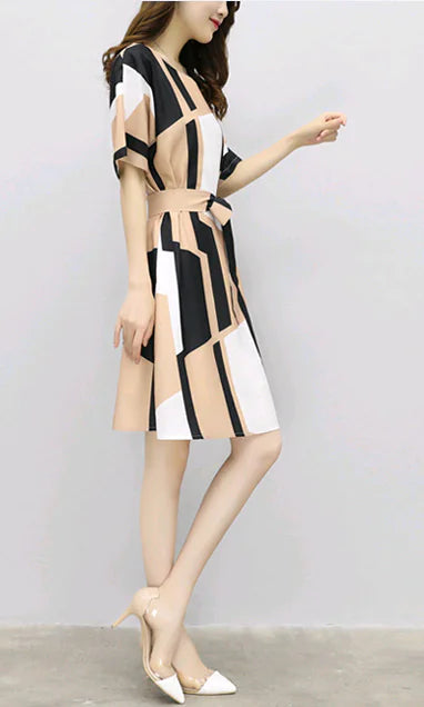 Cotton A-Line Dress with Waist Tie and Short Sleeves