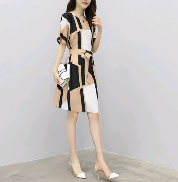 Cotton A-Line Dress with Waist Tie and Short Sleeves