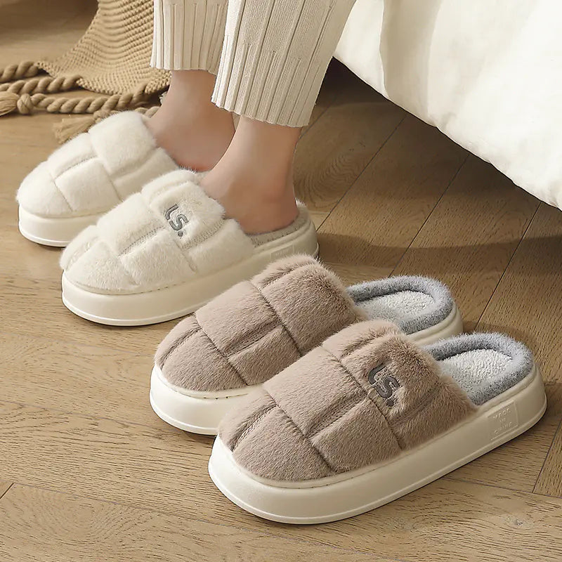 Plaid High Heeled Cotton Slippers for Women