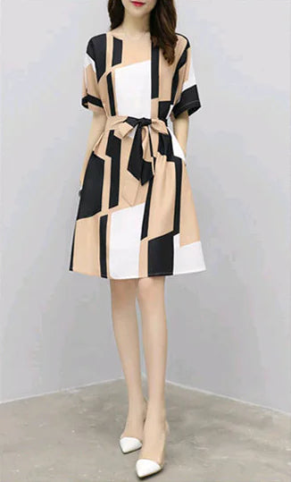 Cotton A-Line Dress with Waist Tie and Short Sleeves