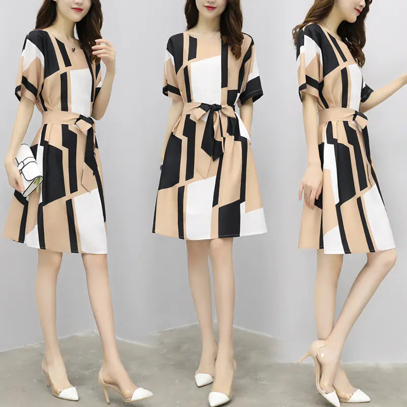 Cotton A-Line Dress with Waist Tie and Short Sleeves