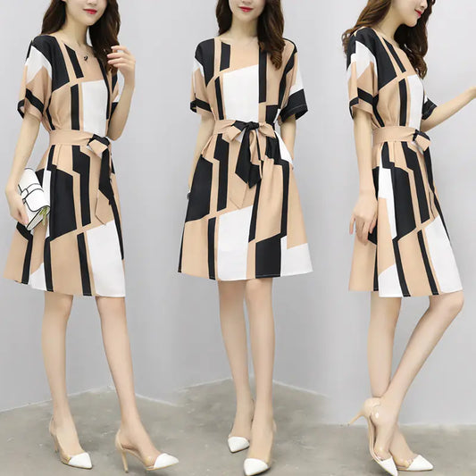 Cotton A-Line Dress with Waist Tie and Short Sleeves