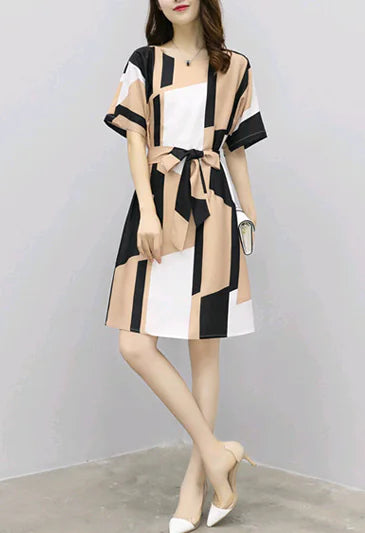 Cotton A-Line Dress with Waist Tie and Short Sleeves