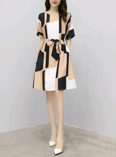 Cotton A-Line Dress with Waist Tie and Short Sleeves