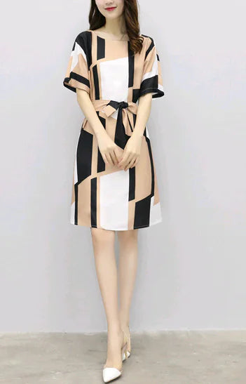 Cotton A-Line Dress with Waist Tie and Short Sleeves